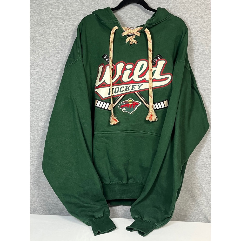 Minnesota Wild Hockey Lodge Lace Up Hoodie Mens 2XL Green Embroidered Sweatshirt